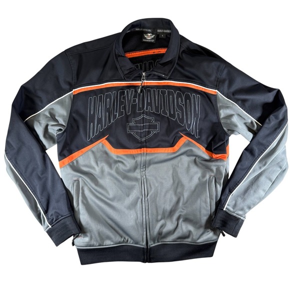 Harley-Davidson Other - Harley-Davidson Zip Up Track Jacket Mens Large Black Orange Embroidered Logo
